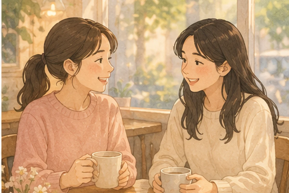 편안하게 대화를 나누며 웃는 두 사람